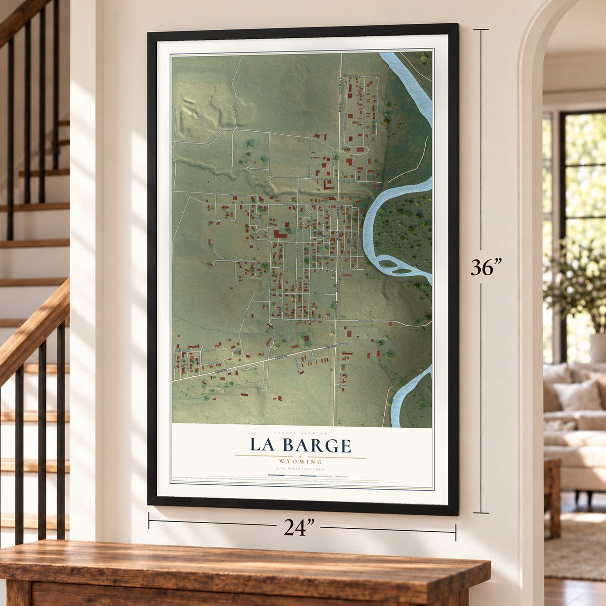 La Barge, Wyoming map, 24 x 36 inch print in a black frame by a staircase