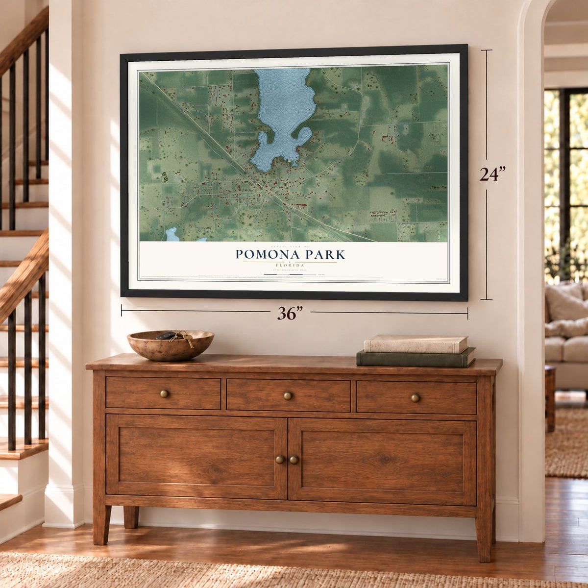 Pomona Park, Florida map, 24 x 36 inch print in a black frame above a dresser by a staircase