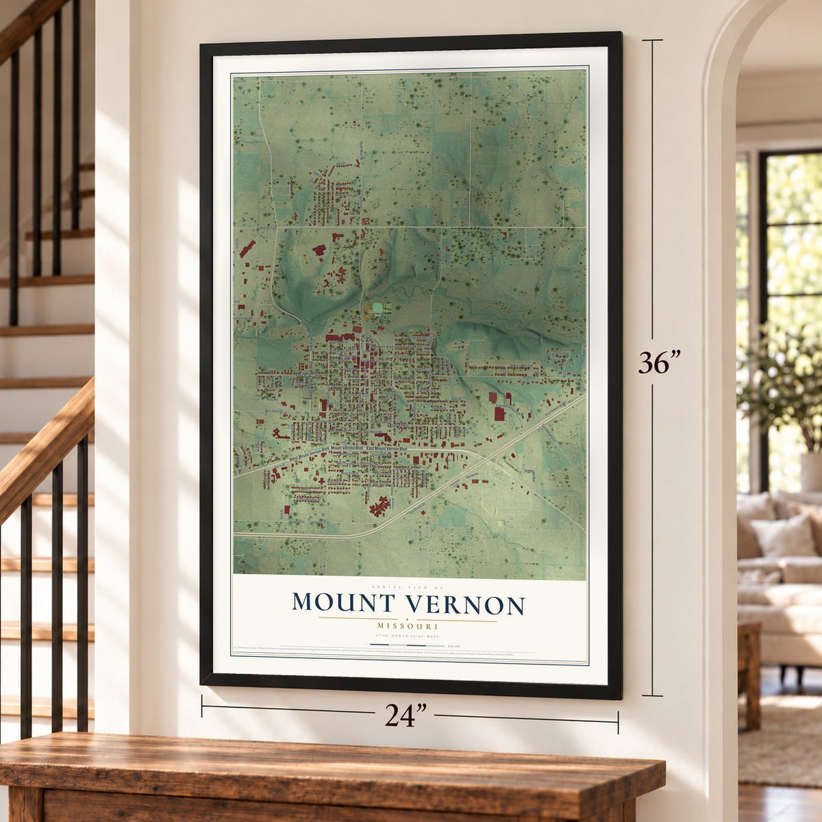 Mount Vernon, Missouri map, 24 x 36 inch print in a black frame by a staircase