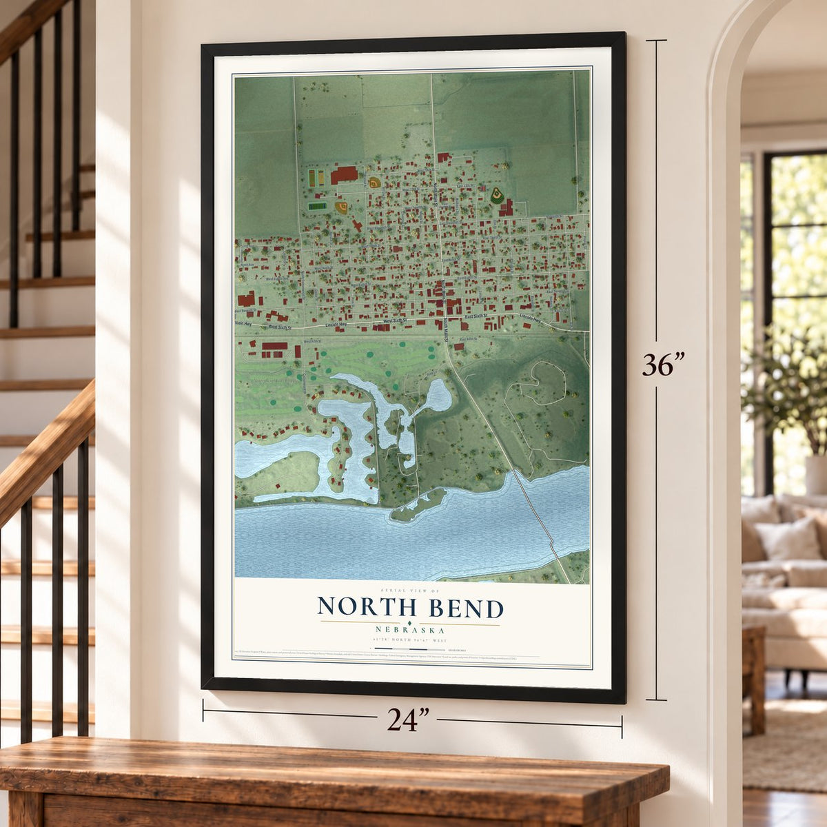 North Bend, Nebraska map, 24 x 36 inch print in a black frame by a staircase