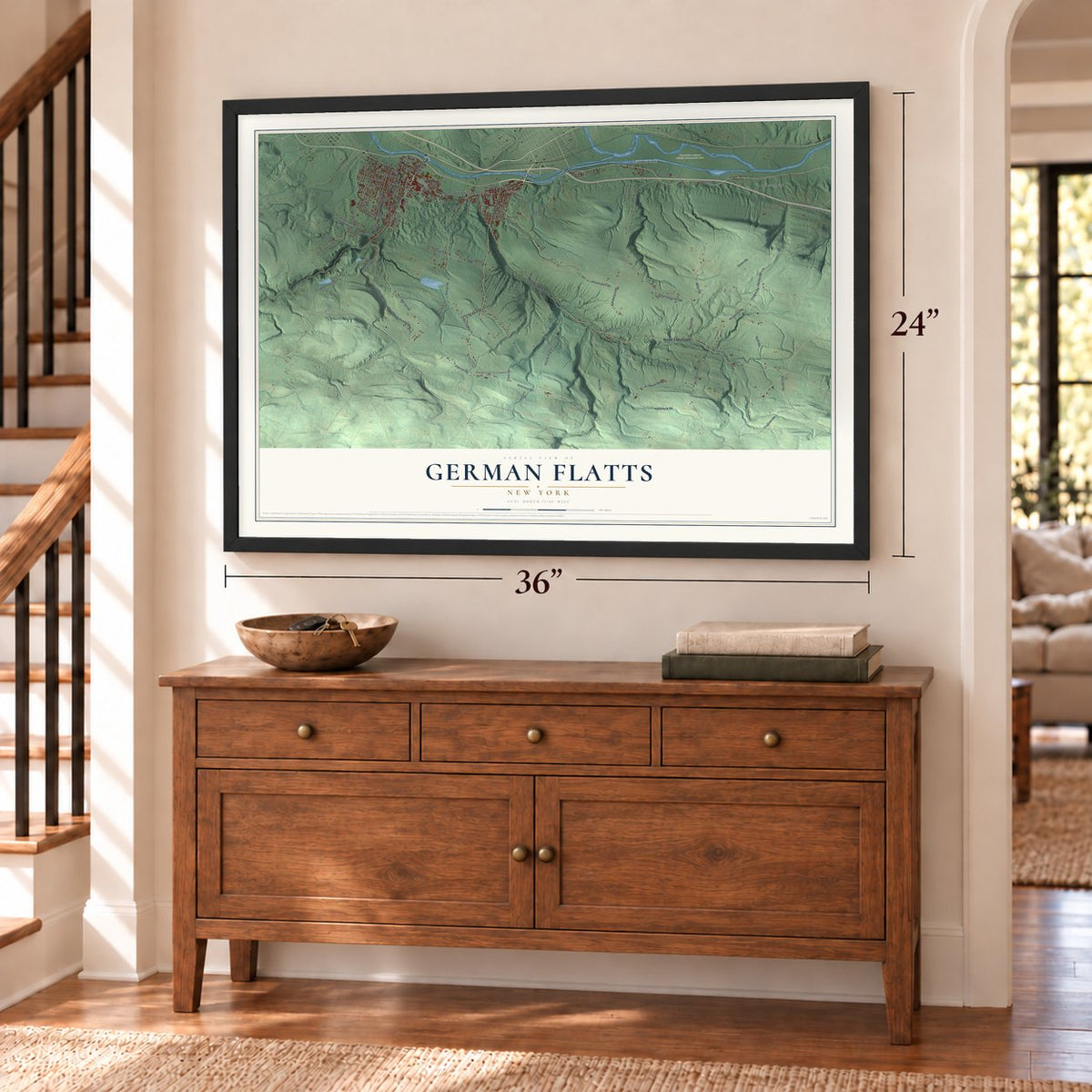 German Flatts, New York map, 24 x 36 inch print in a black frame above a dresser by a staircase