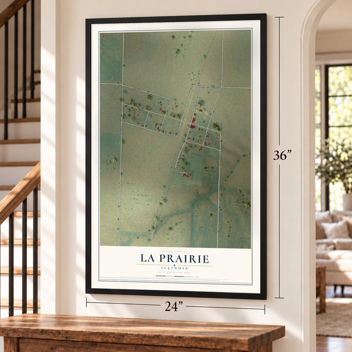 La Prairie, Illinois map, 24 x 36 inch print in a black frame by a staircase