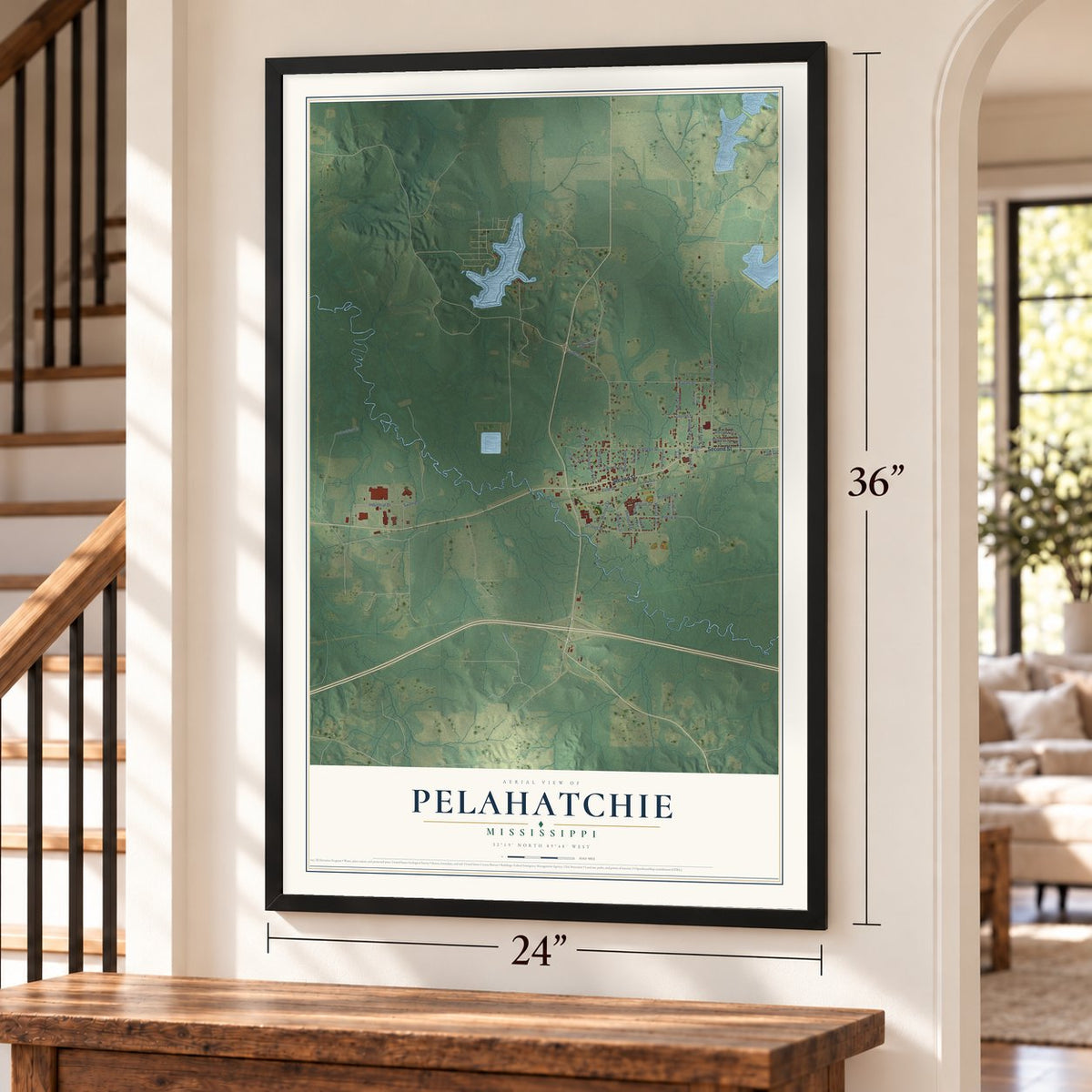 Pelahatchie, Mississippi map, 24 x 36 inch print in a black frame by a staircase