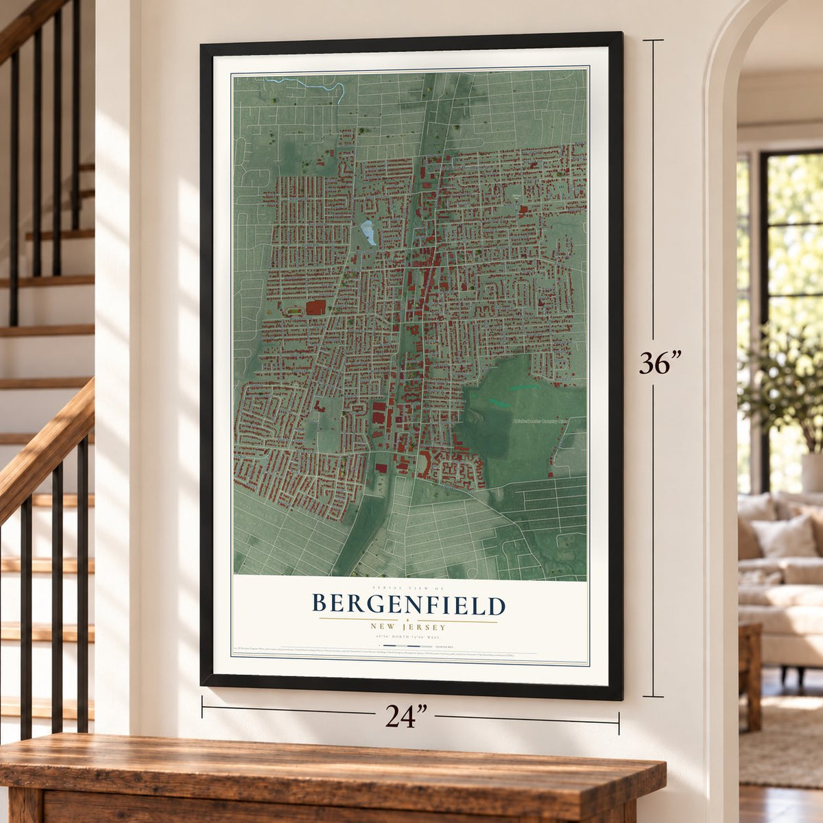 Bergenfield, New Jersey map, 24 x 36 inch print in a black frame by a staircase
