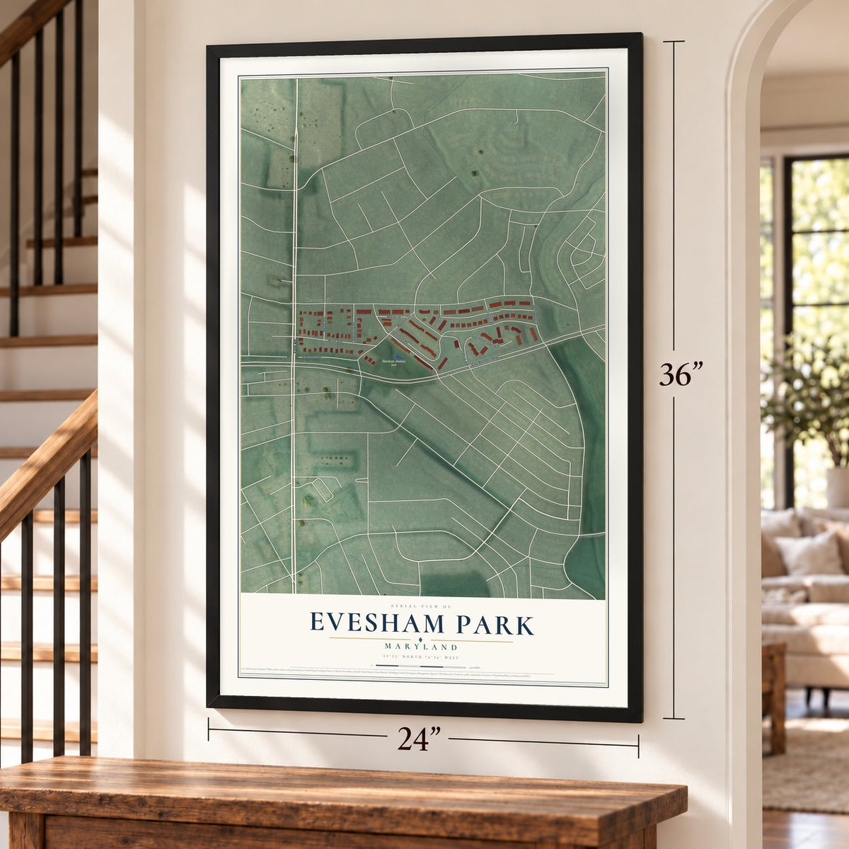 Evesham Park, Maryland map, 24 x 36 inch print in a black frame by a staircase