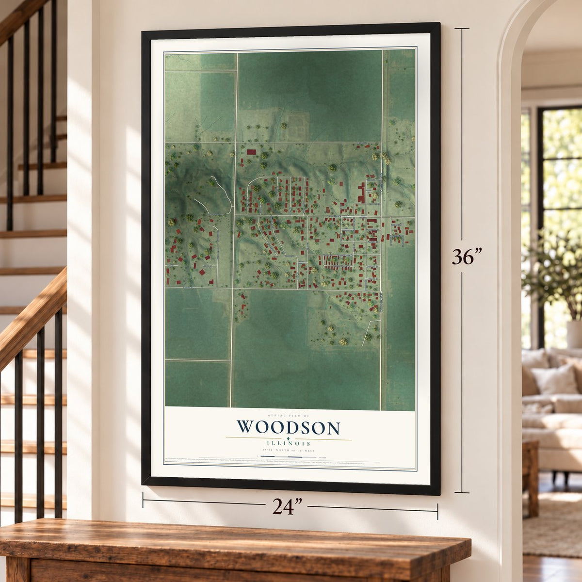 Woodson, Illinois map, 24 x 36 inch print in a black frame by a staircase