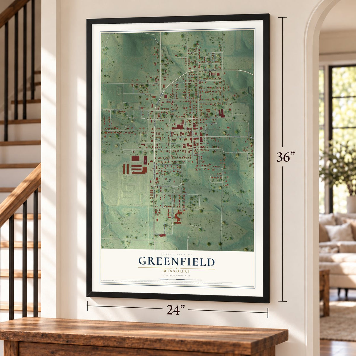 Greenfield, Missouri map, 24 x 36 inch print in a black frame by a staircase