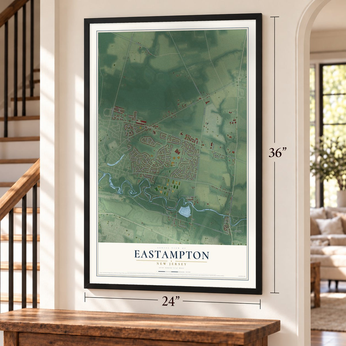 Eastampton, New Jersey map, 24 x 36 inch print in a black frame by a staircase