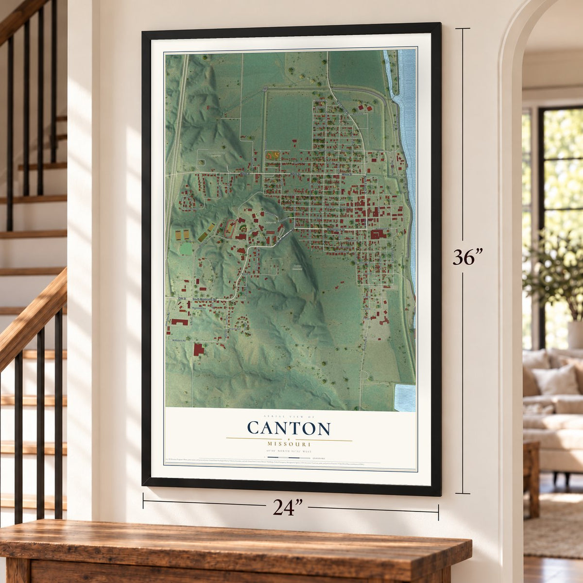 Canton, Missouri map, 24 x 36 inch print in a black frame by a staircase
