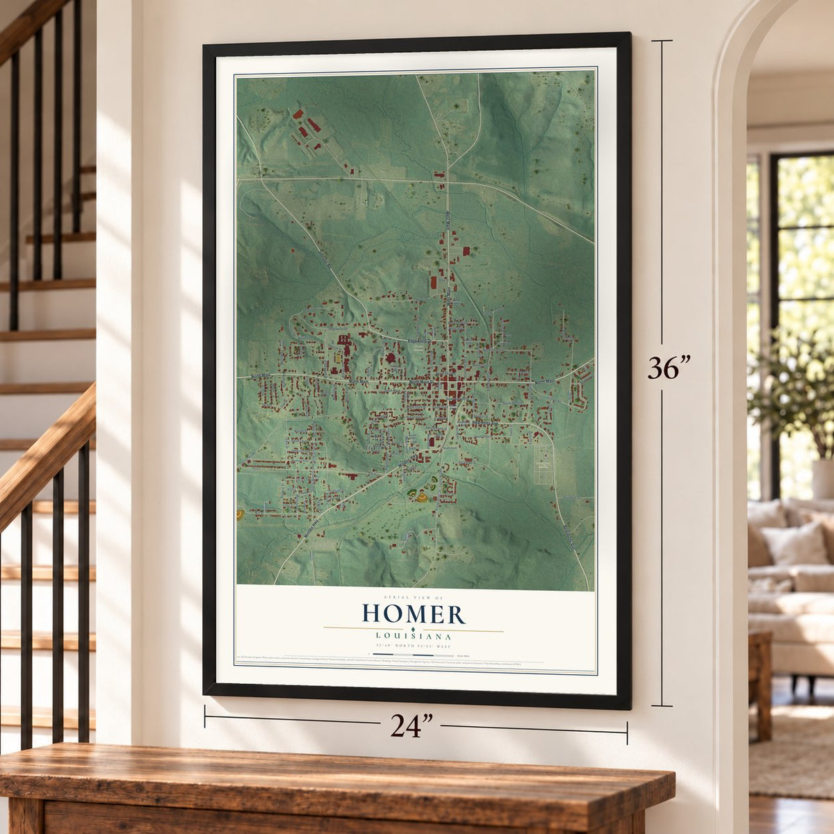 Homer, Louisiana map, 24 x 36 inch print in a black frame by a staircase