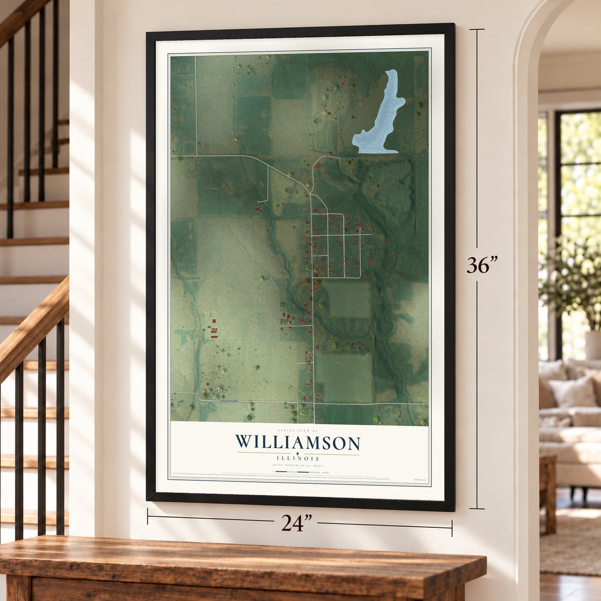 Williamson, Illinois map, 24 x 36 inch print in a black frame by a staircase