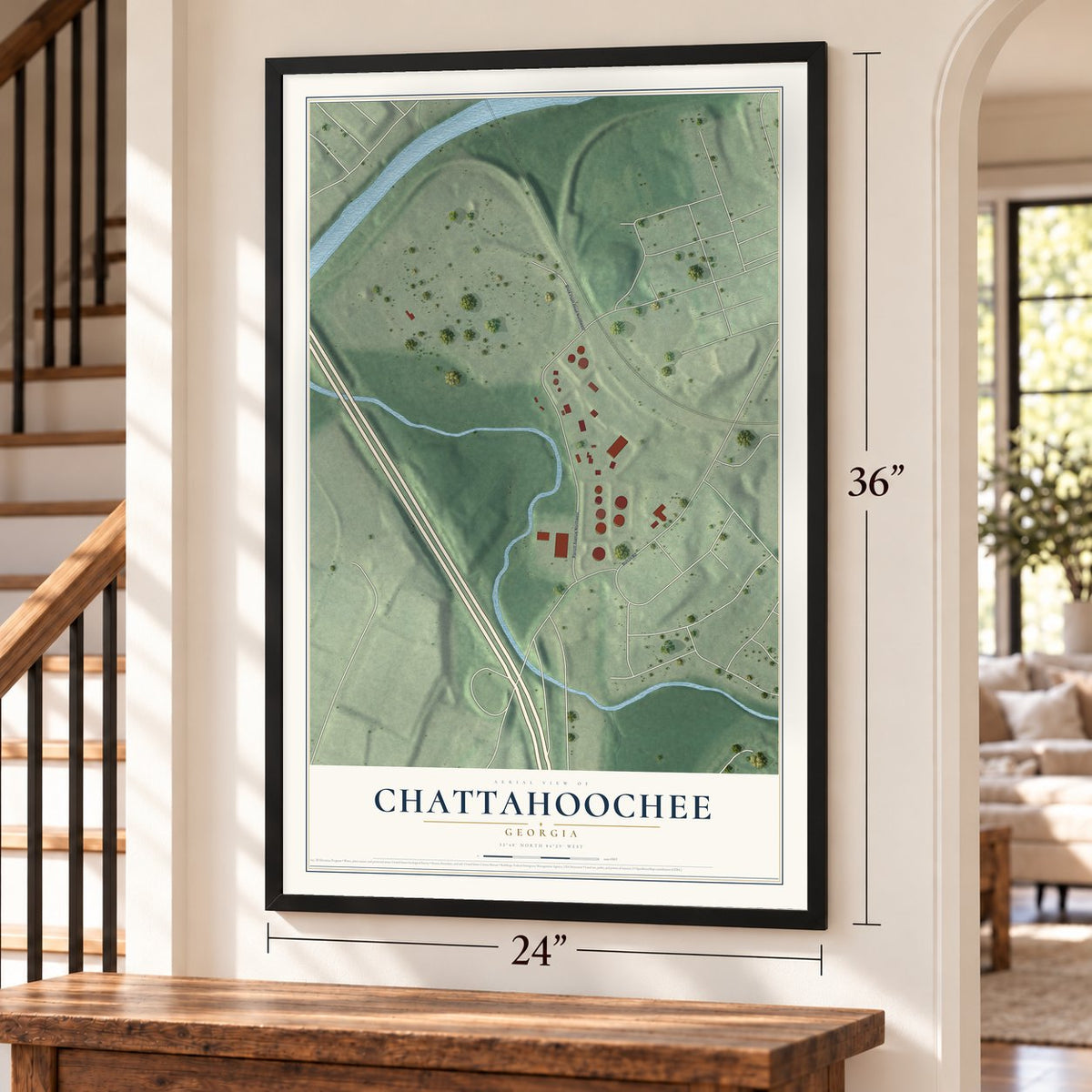 Chattahoochee, Georgia map, 24 x 36 inch print in a black frame by a staircase