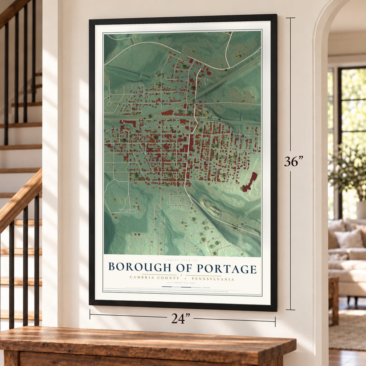 Borough of Portage, Cambria County, Pennsylvania map, 24 x 36 inch print in a black frame by a staircase