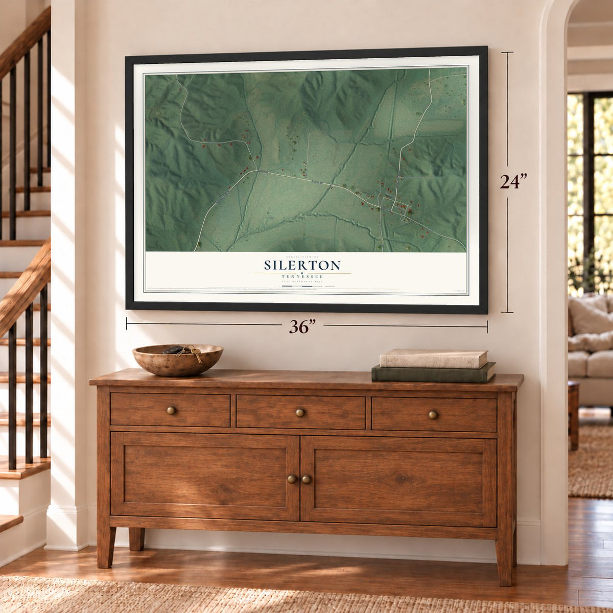 Silerton, Tennessee map, 24 x 36 inch print in a black frame above a dresser by a staircase