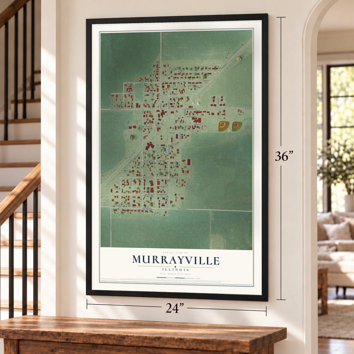 Murrayville, Illinois map, 24 x 36 inch print in a black frame by a staircase