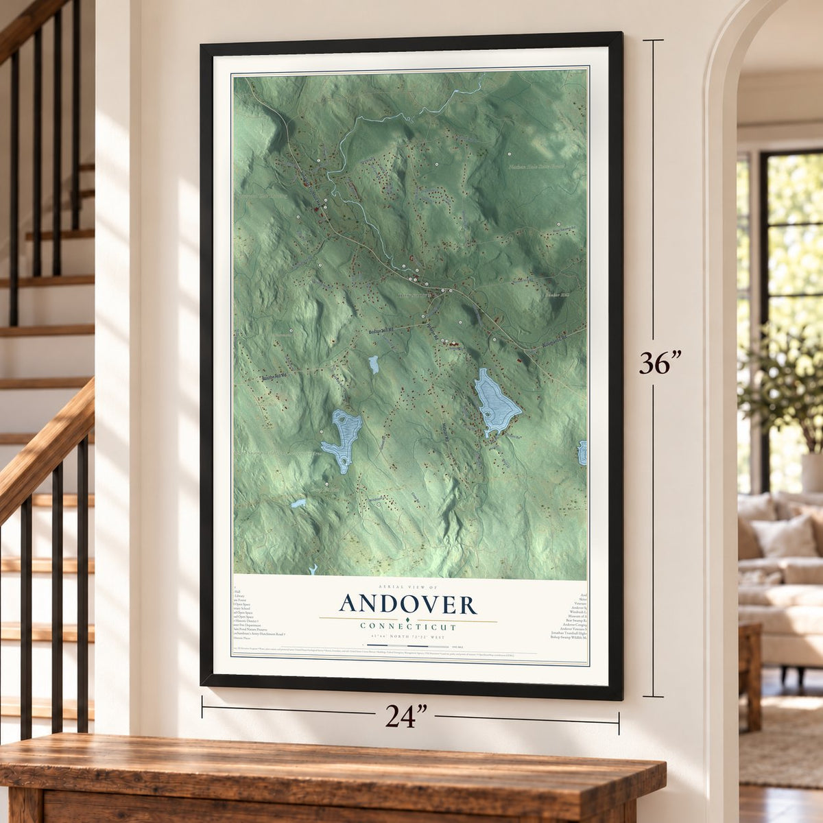 Andover, Connecticut map, 24 x 36 inch print in a black frame by a staircase