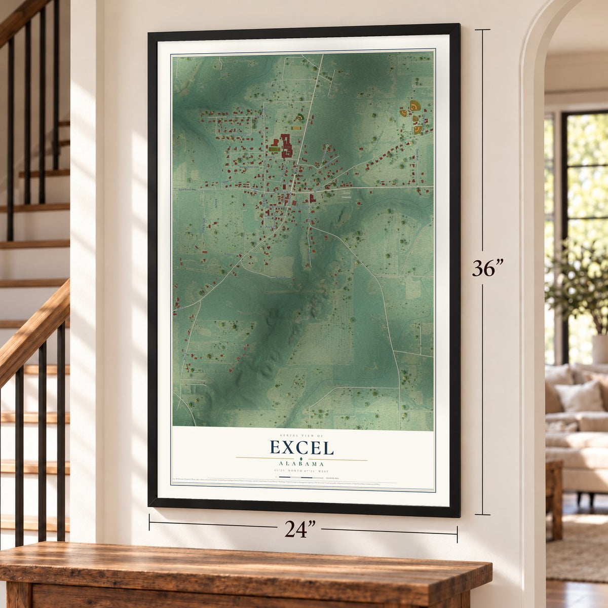 Excel, Alabama map, 24 x 36 inch print in a black frame by a staircase