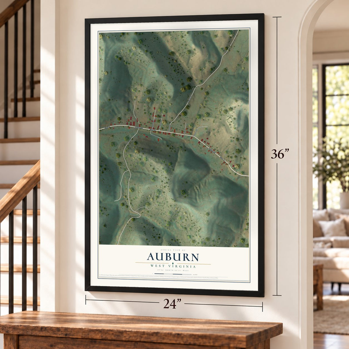 Auburn, West Virginia map, 24 x 36 inch print in a black frame by a staircase