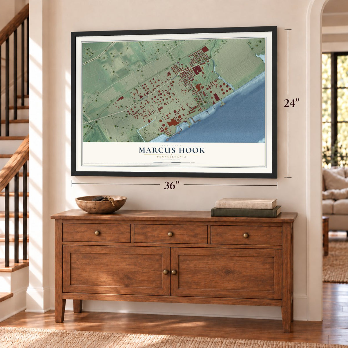 Marcus Hook, Pennsylvania map, 24 x 36 inch print in a black frame above a dresser by a staircase