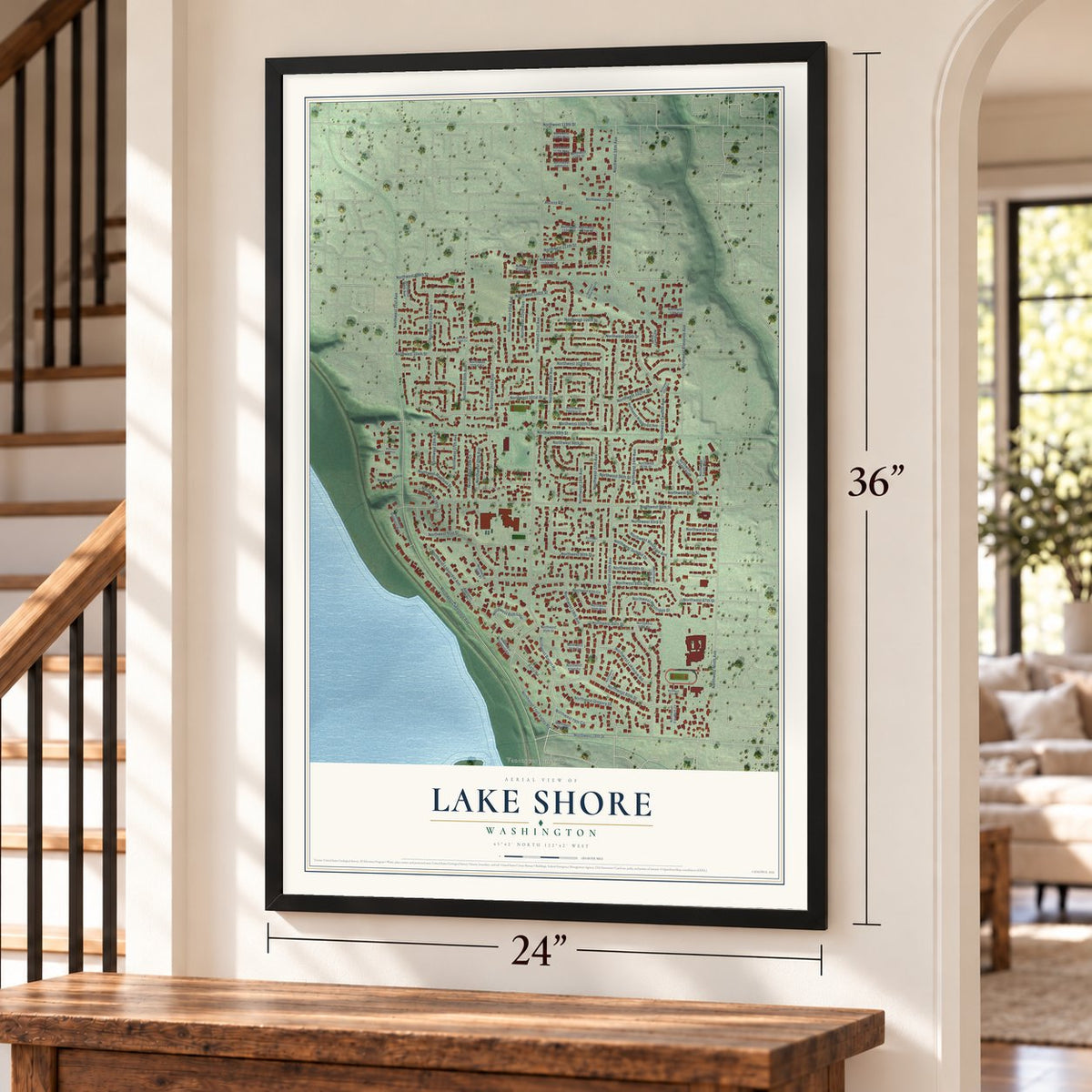 Lake Shore, Washington map, 24 x 36 inch print in a black frame by a staircase