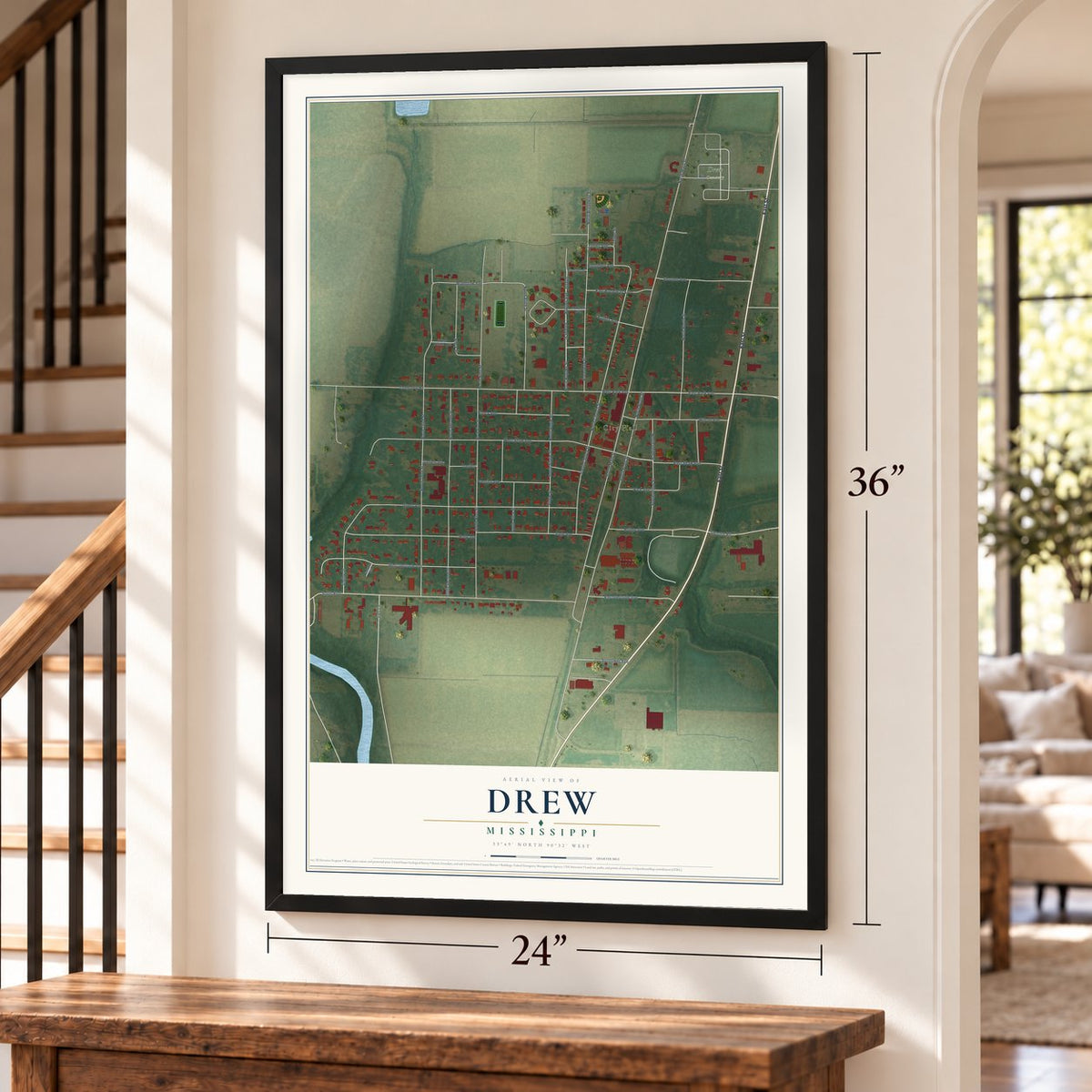 Drew, Mississippi map, 24 x 36 inch print in a black frame by a staircase