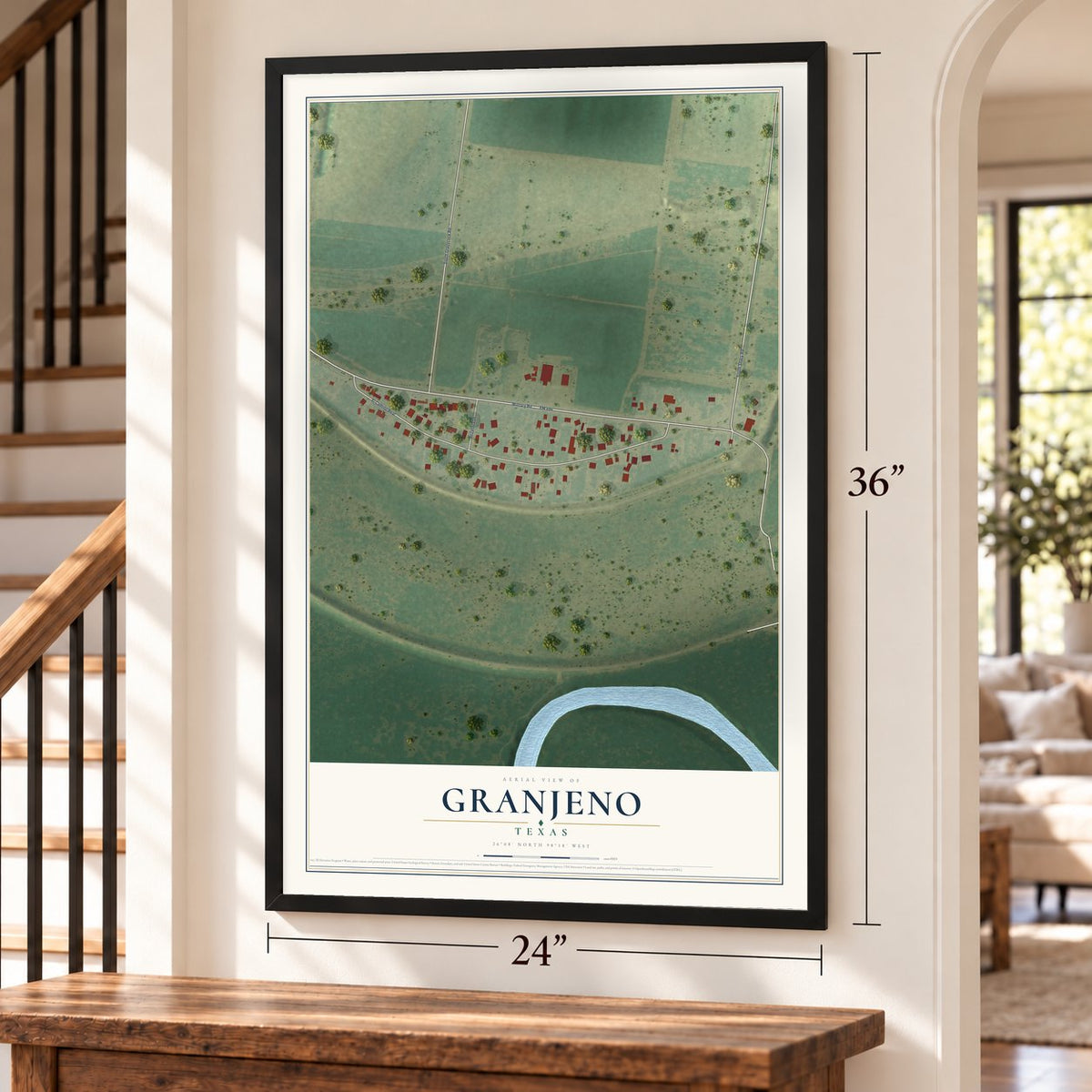 Granjeno, Texas map, 24 x 36 inch print in a black frame by a staircase
