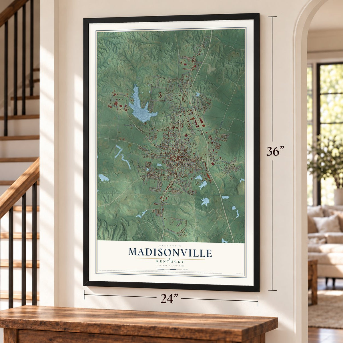 Madisonville, Kentucky map, 24 x 36 inch print in a black frame by a staircase