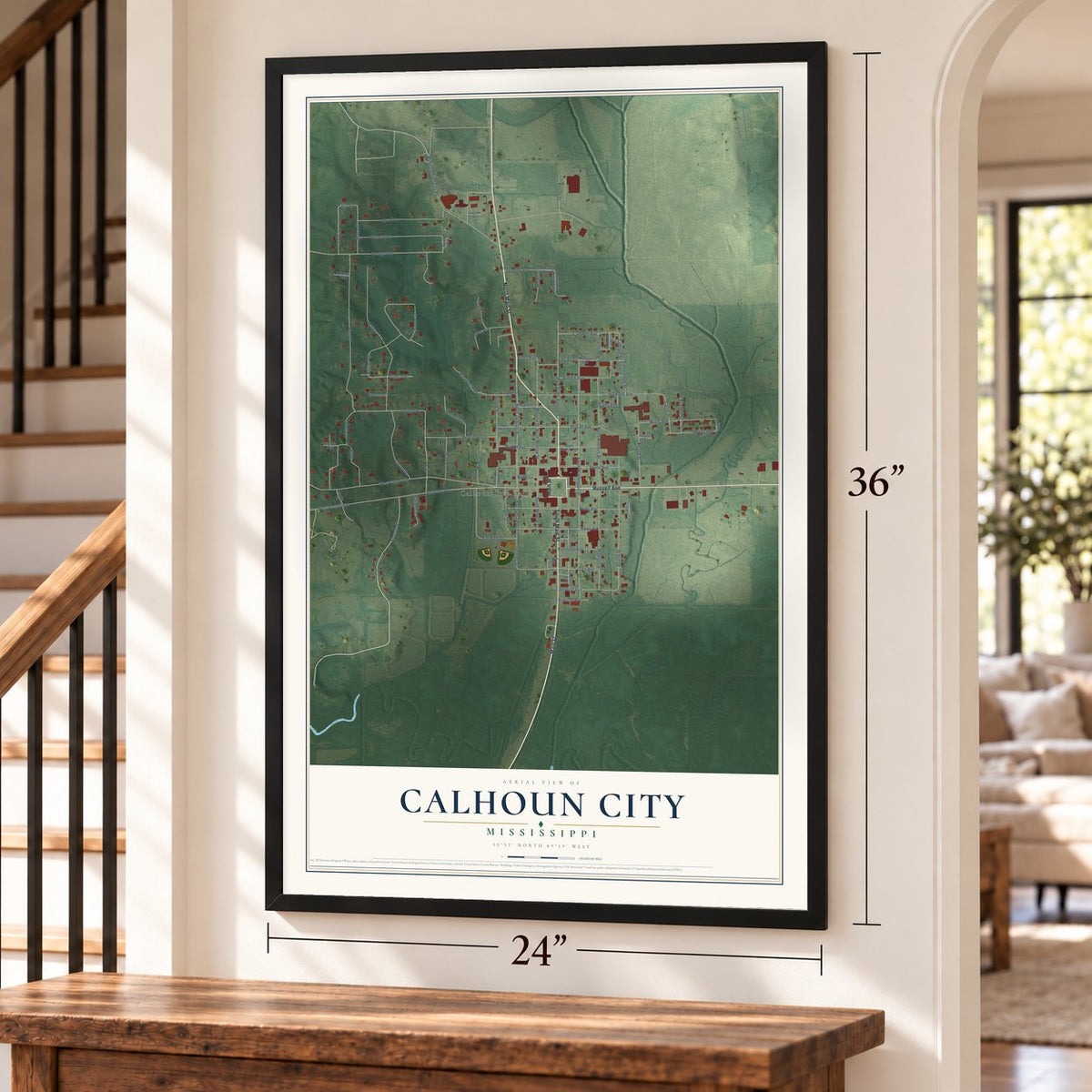 Calhoun City, Mississippi map, 24 x 36 inch print in a black frame by a staircase