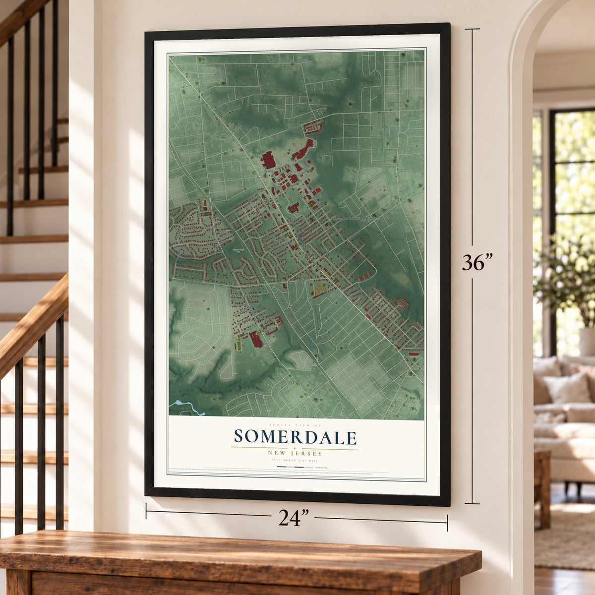 Somerdale, New Jersey map, 24 x 36 inch print in a black frame by a staircase
