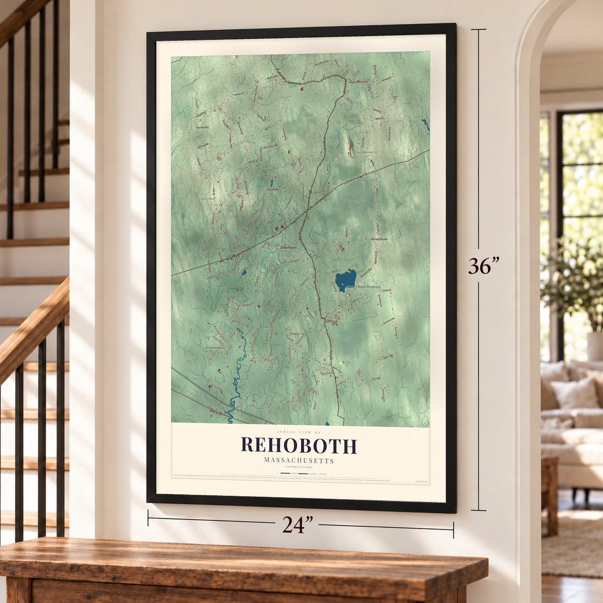 Rehoboth, Massachusetts map, 24 x 36 inch print in a black frame by a staircase