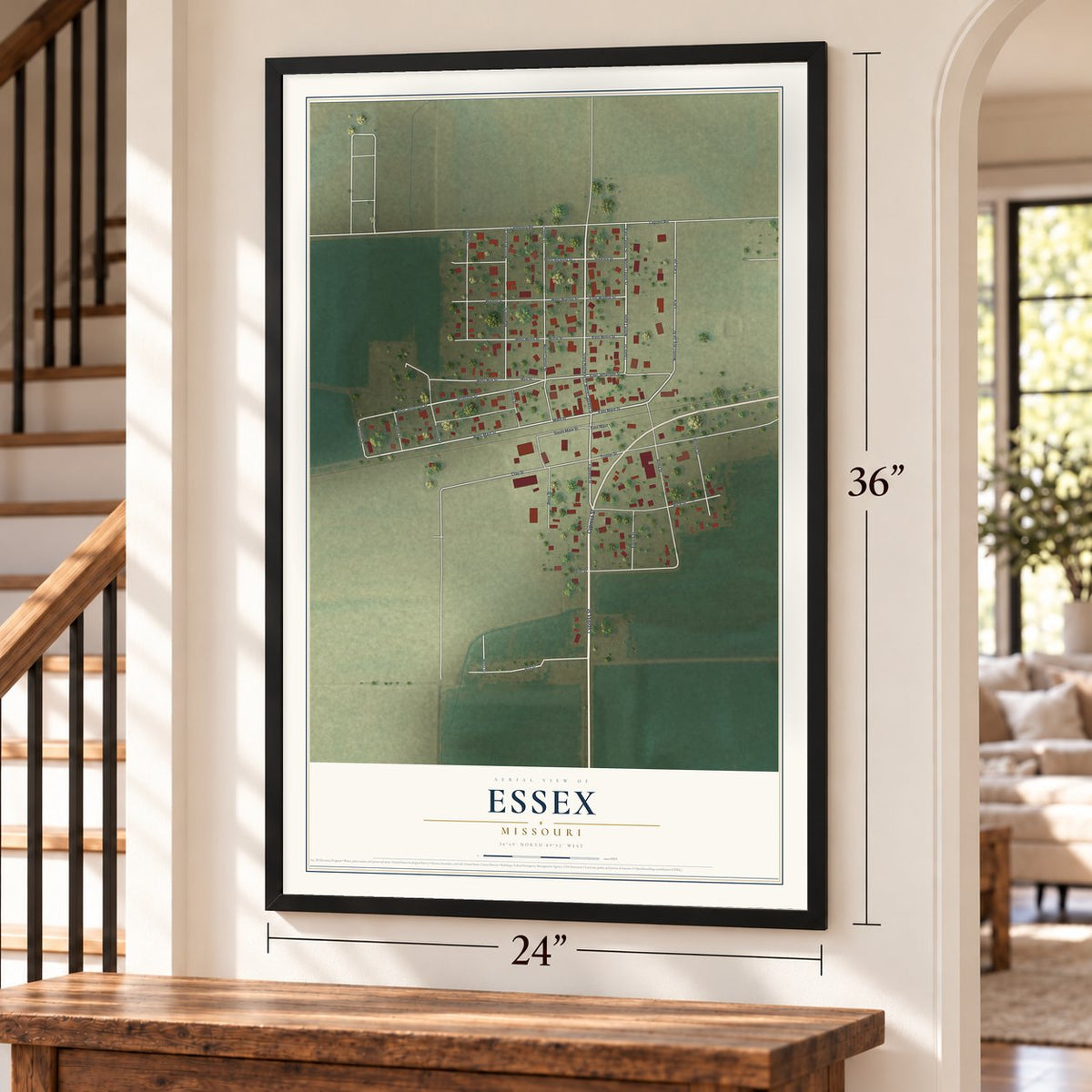 Essex, Missouri map, 24 x 36 inch print in a black frame by a staircase