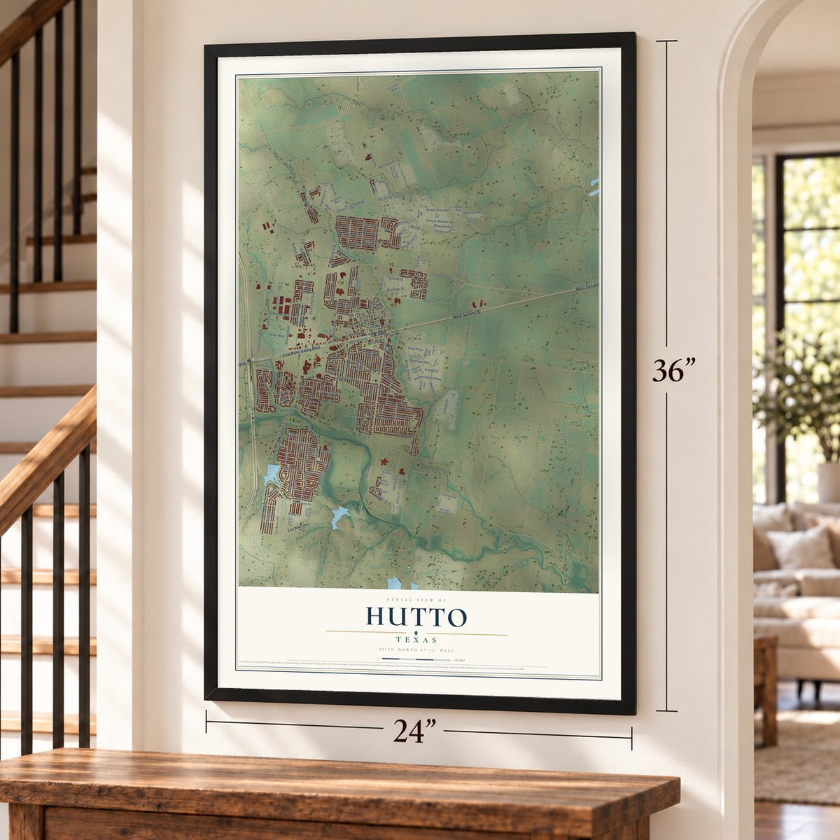 Hutto, Texas map, 24 x 36 inch print in a black frame by a staircase