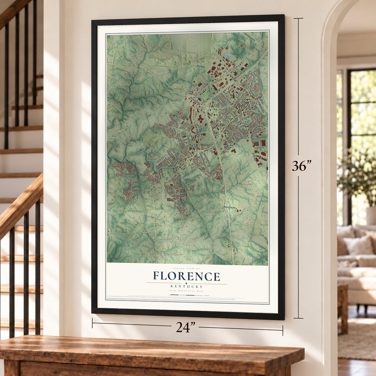 Florence, Kentucky map, 24 x 36 inch print in a black frame by a staircase