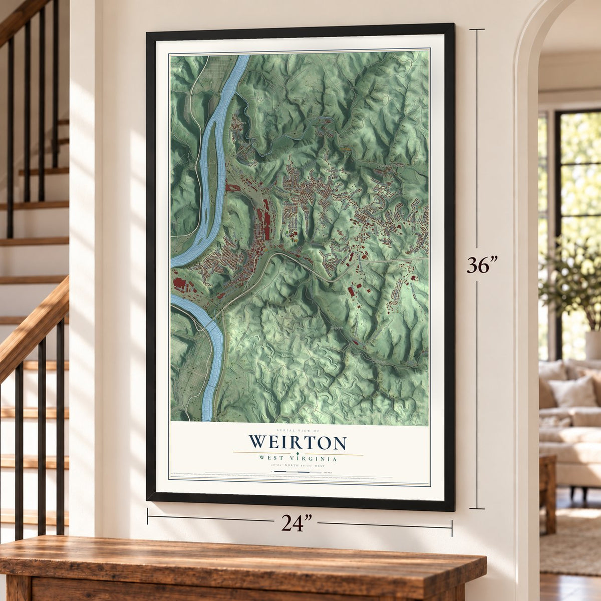 Weirton, West Virginia map, 24 x 36 inch print in a black frame by a staircase