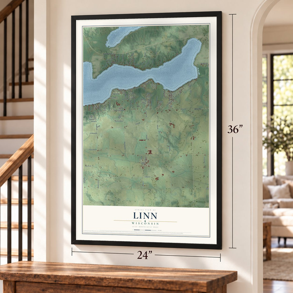 Linn, Wisconsin map, 24 x 36 inch print in a black frame by a staircase