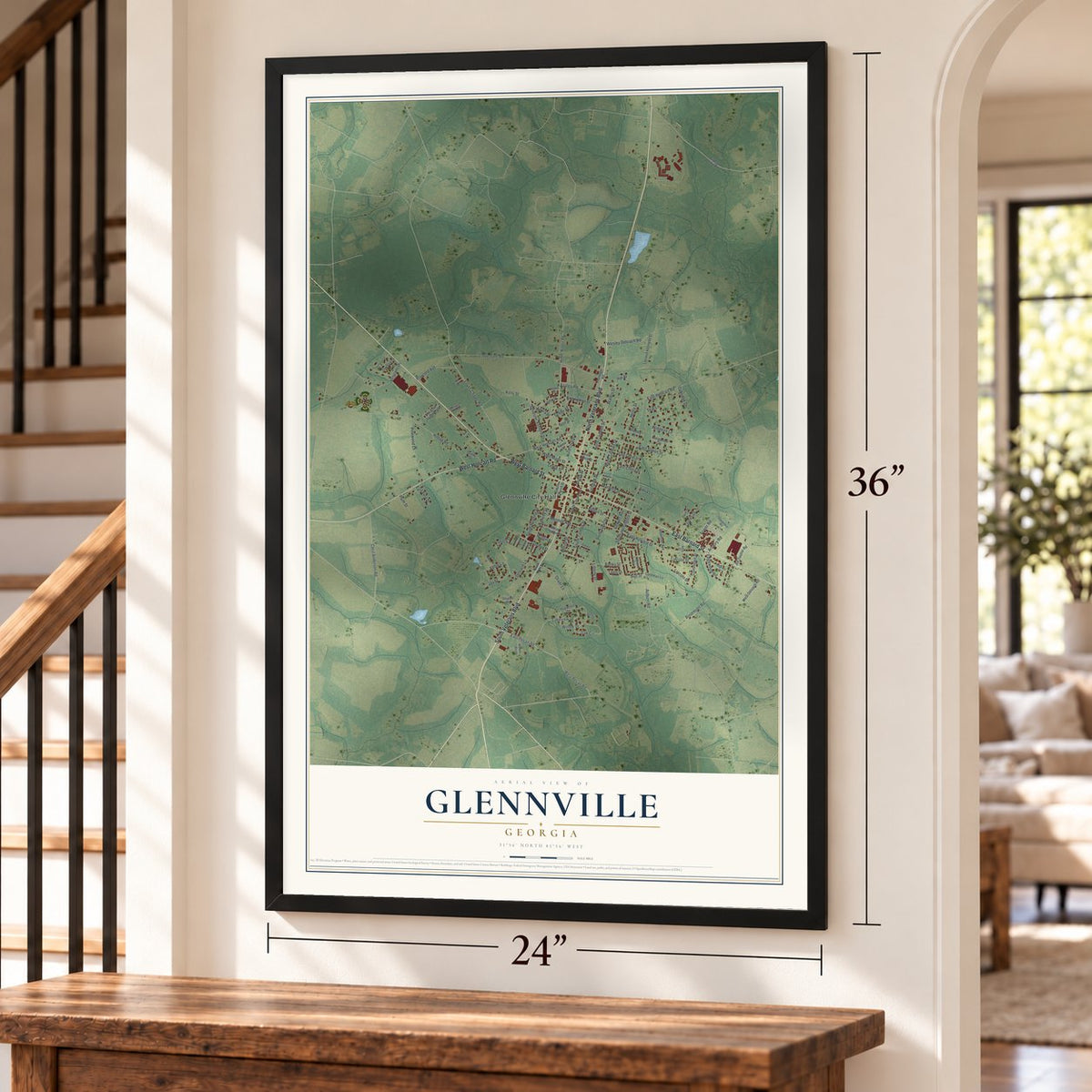 Glennville, Georgia map, 24 x 36 inch print in a black frame by a staircase