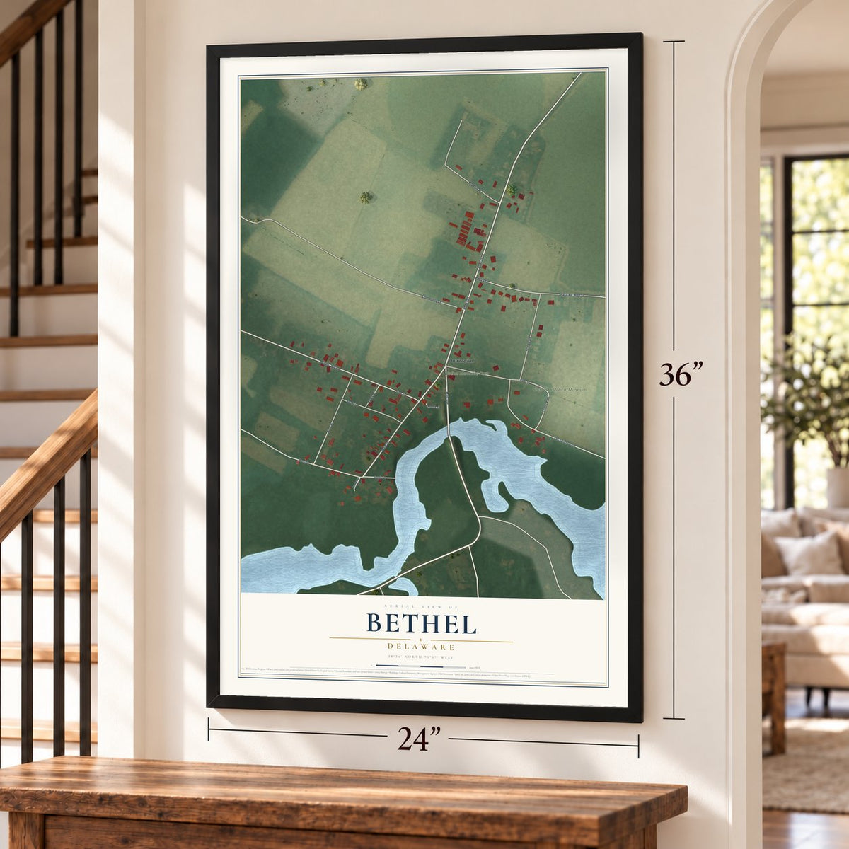 Bethel, Delaware map, 24 x 36 inch print in a black frame by a staircase