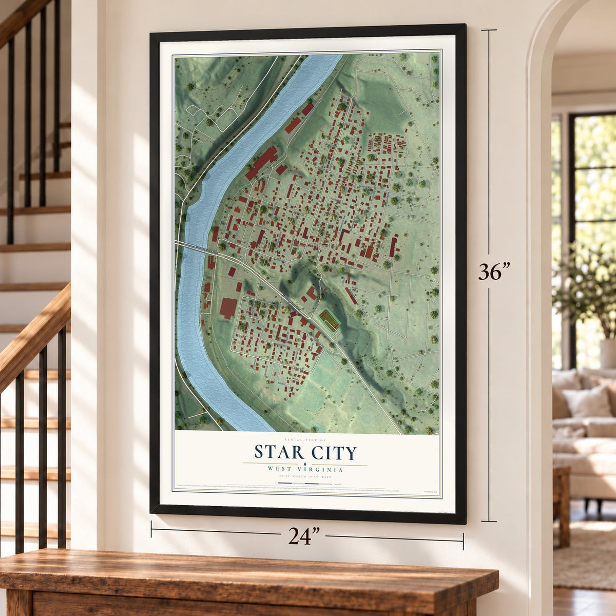 Star City, West Virginia map, 24 x 36 inch print in a black frame by a staircase