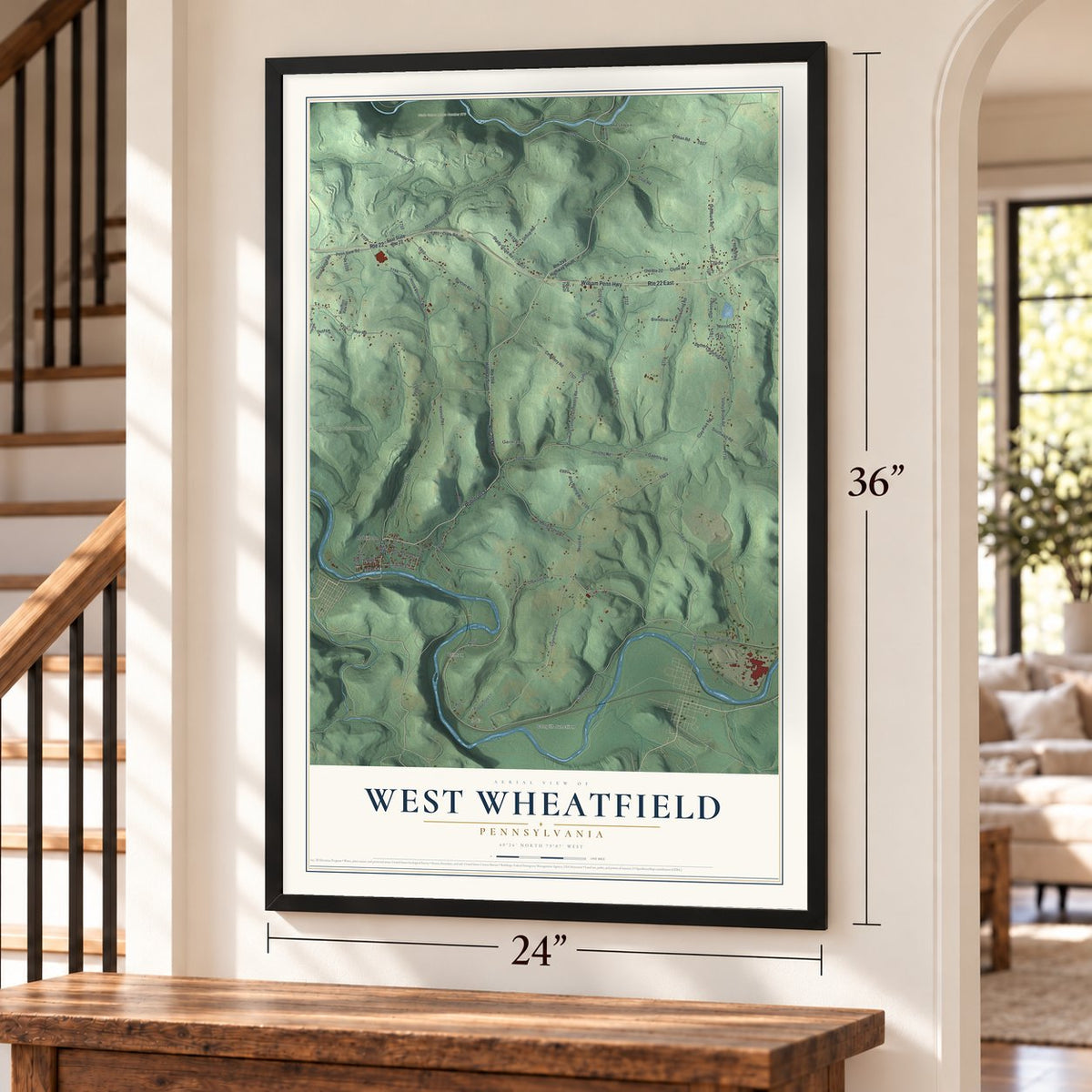 West Wheatfield, Pennsylvania map, 24 x 36 inch print in a black frame by a staircase