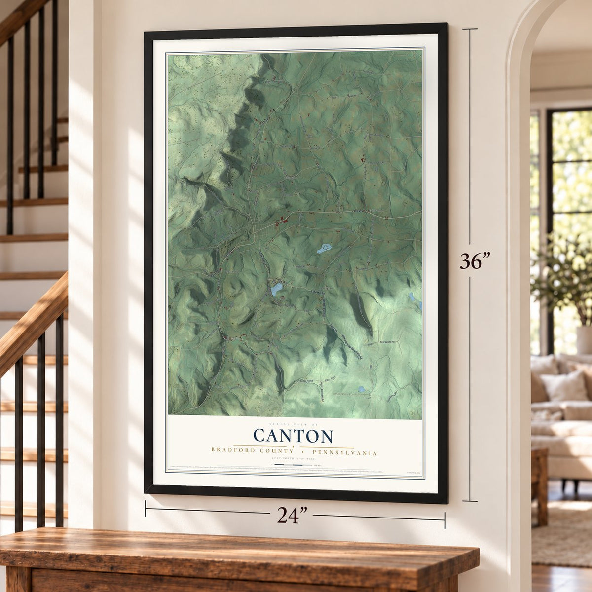 Canton, Bradford County, Pennsylvania map, 24 x 36 inch print in a black frame by a staircase