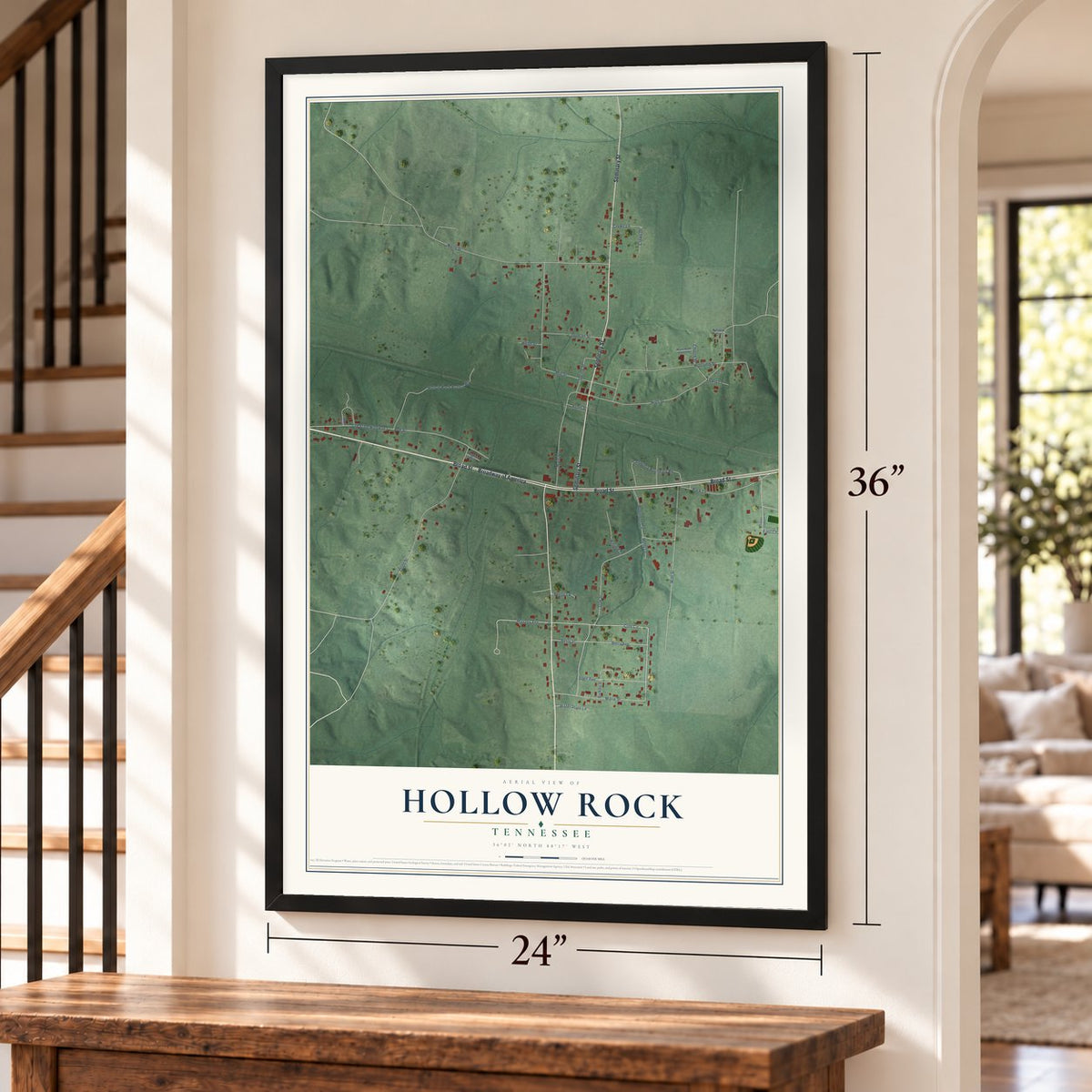 Hollow Rock, Tennessee map, 24 x 36 inch print in a black frame by a staircase