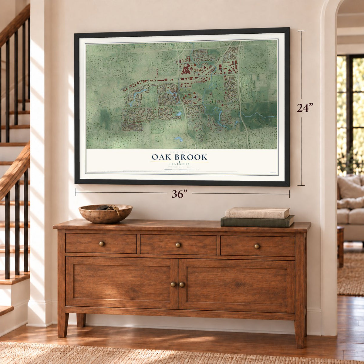 Oak Brook, Illinois map, 24 x 36 inch print in a black frame above a dresser by a staircase