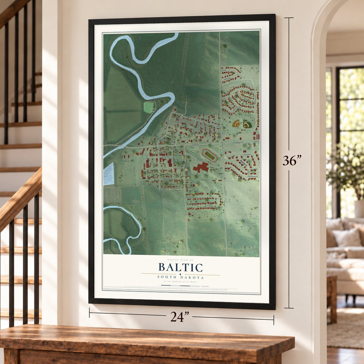 Baltic, South Dakota map, 24 x 36 inch print in a black frame by a staircase
