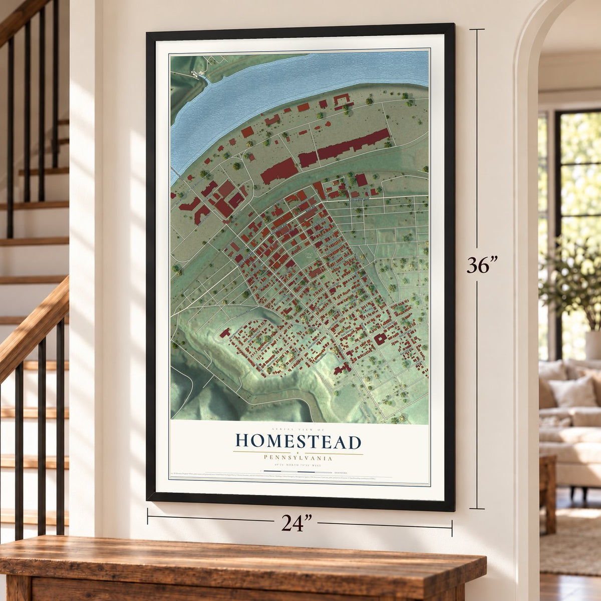 Homestead, Pennsylvania map, 24 x 36 inch print in a black frame by a staircase