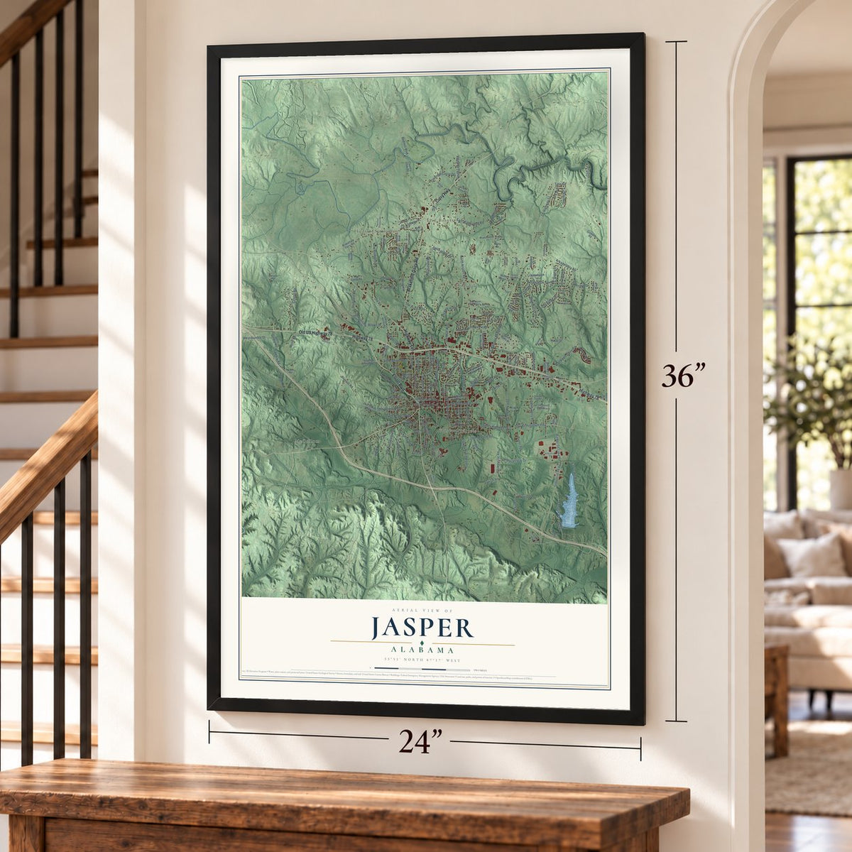 Jasper, Alabama map, 24 x 36 inch print in a black frame by a staircase