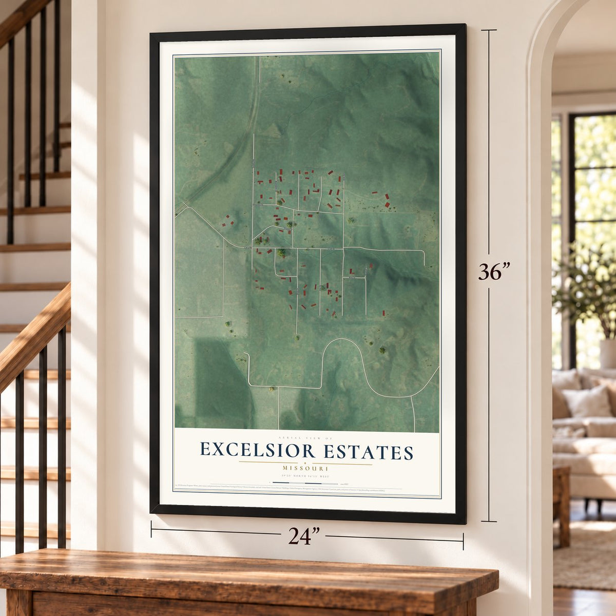 Excelsior Estates, Missouri map, 24 x 36 inch print in a black frame by a staircase
