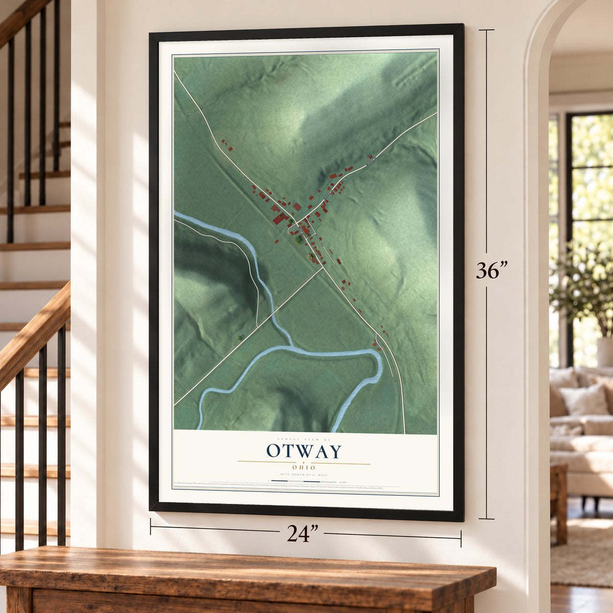 Otway, Ohio map, 24 x 36 inch print in a black frame by a staircase