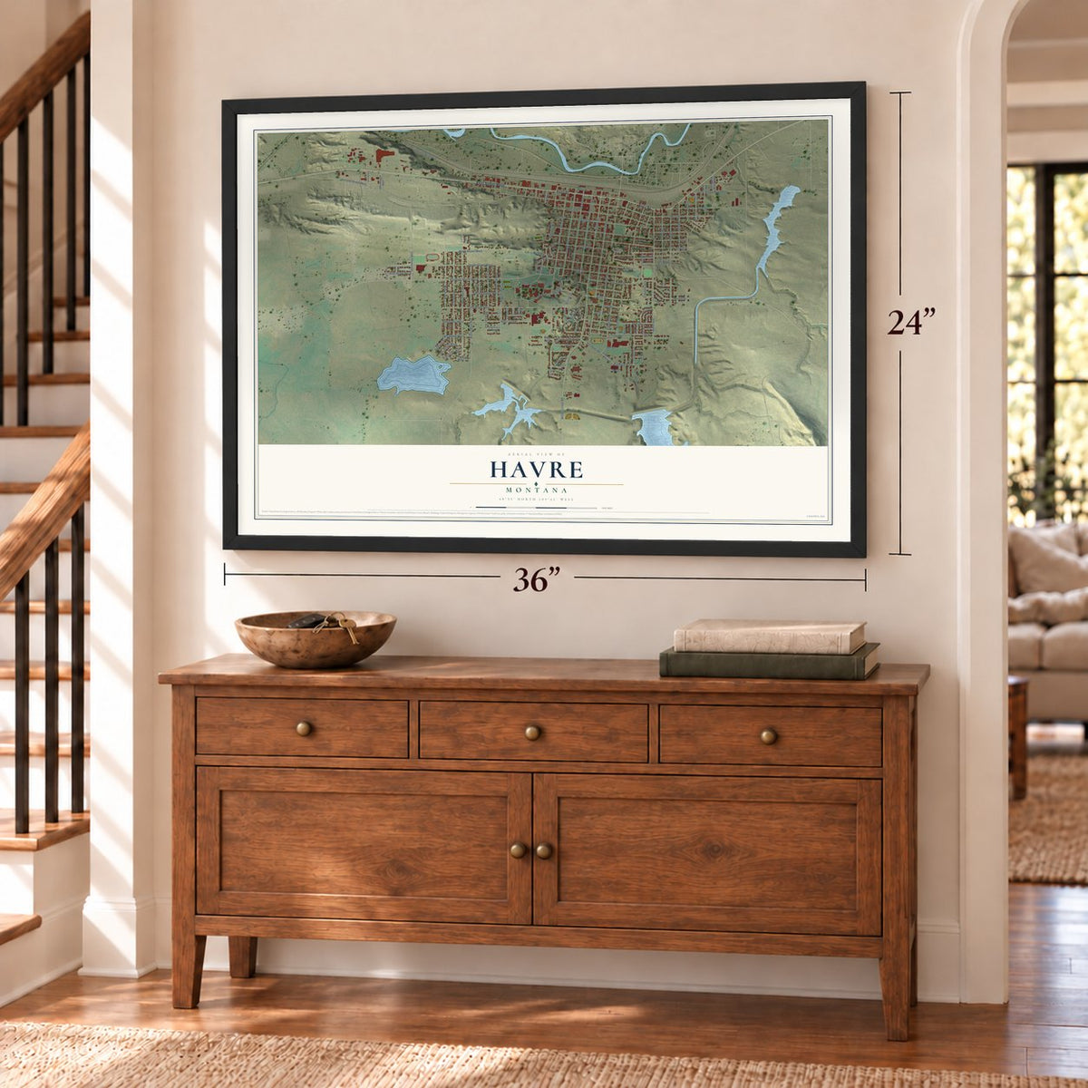 Havre, Montana map, 24 x 36 inch print in a black frame above a dresser by a staircase