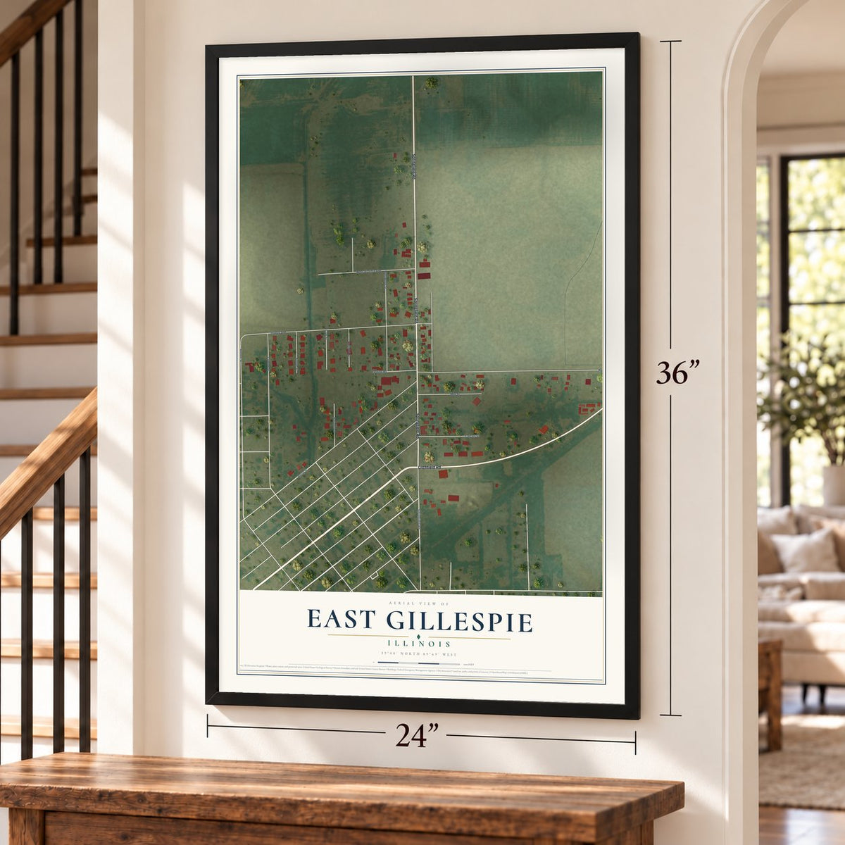 East Gillespie, Illinois map, 24 x 36 inch print in a black frame by a staircase
