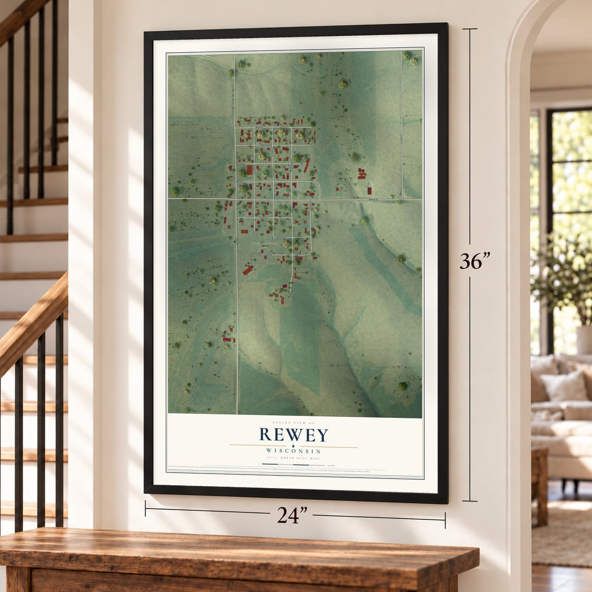 Rewey, Wisconsin map, 24 x 36 inch print in a black frame by a staircase